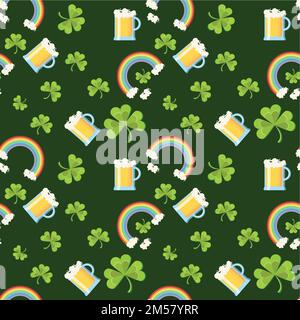 St. Motif sans couture de Patrick Day avec feuilles de trèfle, verres à bière et arc-en-ciel sur fond vert foncé. Illustration vectorielle de dessin animé de style plat. Illustration de Vecteur