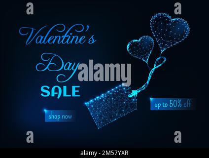 Modèle de bannière Web de vente de jour de Saint-Valentin avec ballons en forme de coeur en poly brillant, étiquette de prix et texte sur fond bleu foncé. Éléments filaires futuristes d Illustration de Vecteur