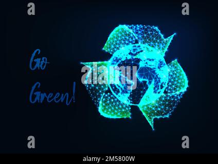 Globe terrestre polygonale basse et lumineuse entouré d'un symbole de recyclage vert et d'un message texte vert sur fond bleu foncé. Concept d'écologie. Fil futuriste Illustration de Vecteur