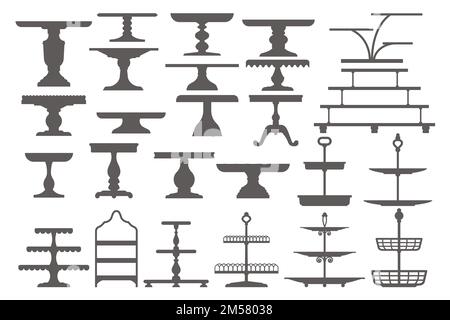 Ensemble de supports à gâteau de style icône plate. Plateaux vides pour fruits et desserts. Silhouette vectorielle. Illustration de Vecteur