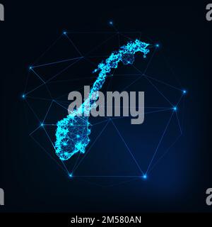 Carte de Norvège silhouette brillante contour fait d'étoiles lignes points triangles, formes polygonales basses. Communication, concept des technologies Internet. Wirefram Illustration de Vecteur