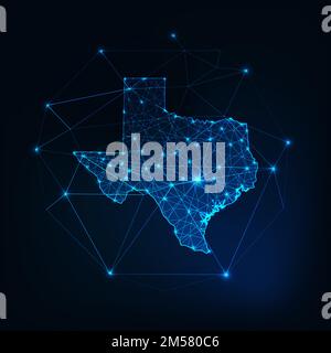 Texas State USA map silhouette brillante contour fait d'étoiles lignes points triangles, formes polygonales basses. Communication, concept des technologies Internet. Illustration de Vecteur