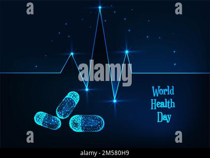 Modèle de bannière de la Journée mondiale de la Santé avec ligne de pulsation polygonale basse, pilules et texte sur fond bleu foncé. Médecine, concept de soins de santé. Futu Illustration de Vecteur
