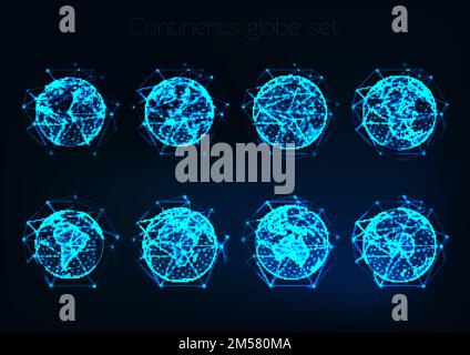 Un ensemble de globes polygonaux à faible luminosité montre la planète Terre avec différents continents, qui donne une vue de l'espace sur fond bleu foncé. Mondialisation, comm Illustration de Vecteur