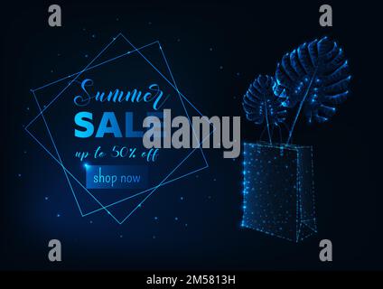 Modèle futuriste d'affiche de solde d'été avec sac à provisions en polyéthylène basse et feuilles de monstère tropicale et texte promotionnel sur fond bleu foncé. Moderne Illustration de Vecteur