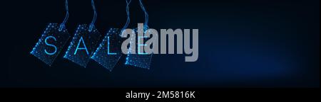 Modèle de bannière Web à motif futuriste avec étiquettes polygonales, texte et zone de copie sur fond bleu foncé. Illustration vectorielle. Illustration de Vecteur