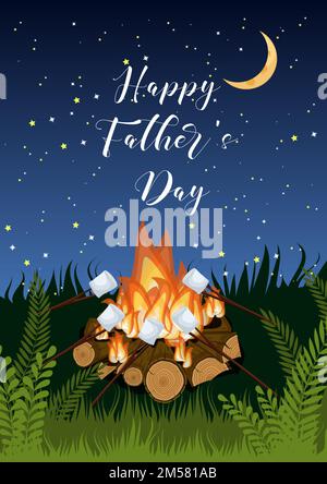 Modèle de carte de vœux Happy Pères avec feu de camp, marshmallows à rôtir, herbe verte sur fond bleu foncé ciel étoilé nuit. Vecteur de dessin il Illustration de Vecteur