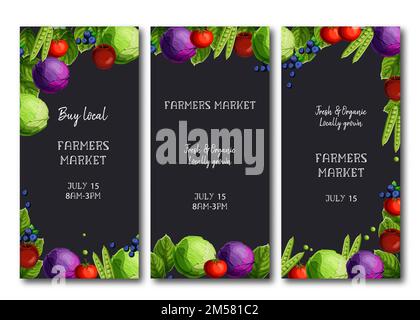 Circulaires du marché agricole, modèle de brochure contenant du chou frais vif, des pois, de la tomate, des pommes et des bleuets et texte sur fond bleu foncé. Bande dessinée St Illustration de Vecteur