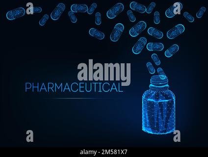 Concept pharmaceutique futuriste avec flacon de médicament ouvert et capsules sur fond bleu foncé. Innovations en pharmacologie. Polygone lumineux bas Illustration de Vecteur