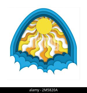 Soleil éclatant au-dessus du ciel sombre et nuageux. Concept de ciel divin. Illustration vectorielle du style de découpe du papier. Illustration de Vecteur