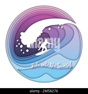 Surf vague de l'océan avec la silhouette de surfeur, le ciel de coucher du soleil et le texte tour dans le coucher du soleil en cercle. Concept de vacances d'été. Vecto de style de découpe de papier Illustration de Vecteur