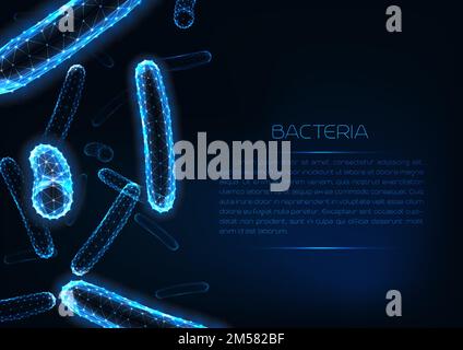 Modèle futuriste de bannière web de médecine polygonale basse lueur avec 3D bactéries bacilles et un espace de copie pour le texte. Concept de recherche en microbiologie. Moderne Illustration de Vecteur