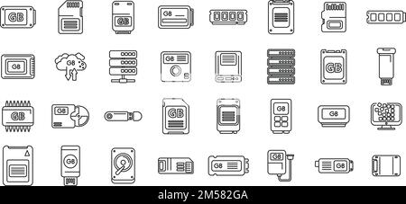 Les icônes de gigaoctets définissent le vecteur de contour. Big Data. Cyber-disque Illustration de Vecteur