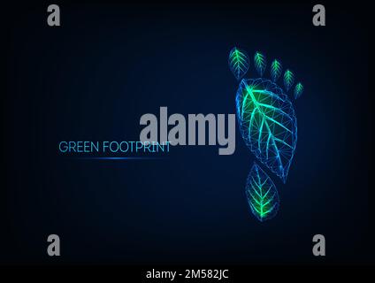Empreinte humaine futuriste brillante faible en poly, composée de feuilles vertes isolées sur fond bleu foncé. Concept de conservation de l'environnement, faible teneur en carbone Illustration de Vecteur