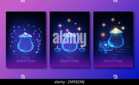 Des affiches futuristes du festival indien Shub Dhanteras sont ornées de pots polygonaux lumineux d'or, de diya et de fleur de lotus sur fond bleu foncé et violet Illustration de Vecteur