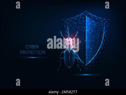 Internet security, cyber protection concept with futuristic glowing low polygonal Beatle bug and shield isolated on dark blue background. Modern wiref Illustration de Vecteur