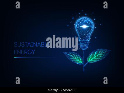 Concept d'énergie durable. Fleur polygonale sombre futuriste en ampoule et feuilles vertes isolées sur fond bleu foncé. Wiref moderne Illustration de Vecteur