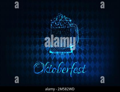 Affiche futuriste à basse police polygonale Oktoberfest avec tasse à bière en verre, motif losange et texte sur fond bleu foncé. Illustration de Vecteur