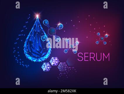 Structure moléculaire abstraite et sérique de la goutte d'huile esthétique polygonale basse et lumineuse futuriste sur fond bleu foncé et violet dégradé. Wiref moderne Illustration de Vecteur