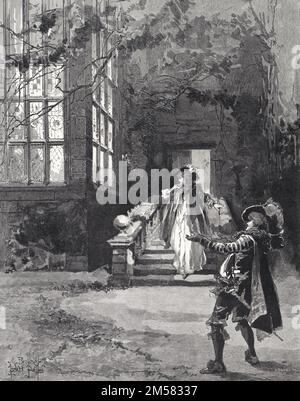 'Haddon Hall', opéra de Sir Arthur Sullivan au Savoy Theatre - The Flight of Dorothy Vernon. Illustration du 1882. Banque D'Images