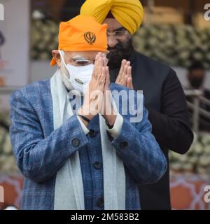 New Delhi, Inde, 26 décembre 2022 - Premier ministre indien Shri. Narendra Modi parle lors du programme « Veer Baal Diwas » au Major Dhyan Chand Nationa Banque D'Images