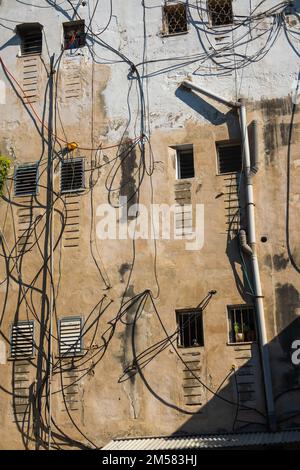 Bâtiment aux intempéries avec de petites fenêtres et des câbles électriques situés sur une rue ensoleillée près d'un arbre luxuriant Banque D'Images