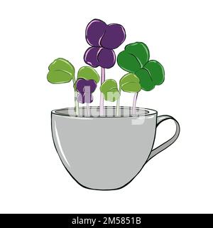 Germes de Microgreen dans des récipients. Nourriture biologique naturelle, illustration dessinée à la main isolée sur fond blanc Banque D'Images