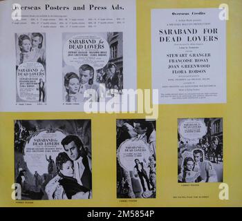 Publicités internationales blocs et affiches pour STEWART GRANGER et JOAN GREENWOOD à SARABAND POUR LES AMOUREUX MORTS 1948 réalisateur BASIL DEARDEN roman Helen Simpson scénario John Dighton et Alexander Mackendrick musique Alan Rawsthorne producteur associé / design de production Michael Relph costumes Anthony Mendleson producteur Michael Balcon Ealing Studios / J. Arthur Classer l'organisation Banque D'Images