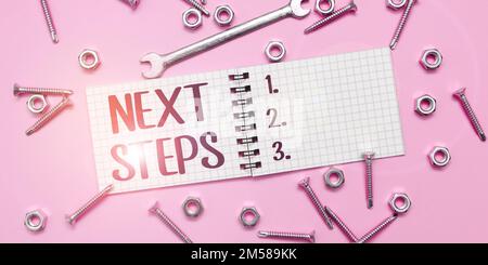 Affichage conceptuel étapes suivantes. Nombre d'idées commerciales du processus à réaliser après la planification actuelle Banque D'Images