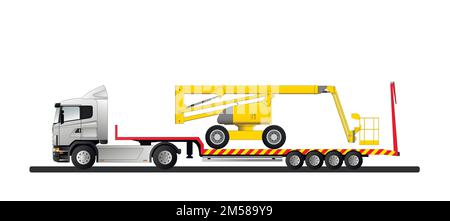 Transport d'une plate-forme aérienne automotrice moderne sur un camion européen avec semi-remorque à plateau surbaté. Vue latérale Illustration de Vecteur