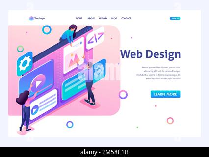 Une équipe de spécialistes travaille sur la création de web design. Concept de travail d'équipe. 3d isométrique. Concepts de la page d'arrivée et conception de sites Web. Illustration de Vecteur