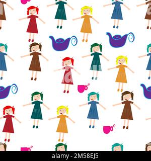 Motif sans couture pour les enfants avec de jolies filles et des tasses à thé ; motif dansant pour filles vecteur Illustration de Vecteur