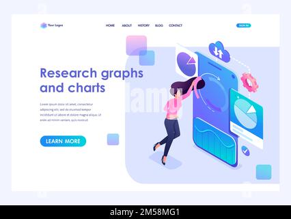 Jeune fille ajuste les graphiques et les graphiques sur votre smartphone. Concept d'analyse des données. 3d isométrique. Concepts de la page d'arrivée et conception de sites Web. Illustration de Vecteur