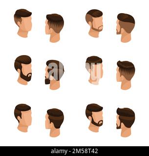 Ensemble isométrique d'avatars, coiffures pour hommes, style hipster. Pose, barbe, moustache. Coiffure moderne, style, jeunes, affaires de mode, isoler Illustration de Vecteur