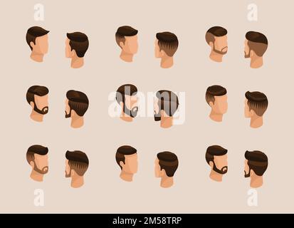 Étude de qualité isométrique populaire, un ensemble de coiffures pour hommes, style hipster. Style tendance, barbe, moustache. Vue avant vue arrière. Illustration vectorielle Illustration de Vecteur