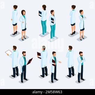 Personnes isométriques à la mode. Personnel médical, hôpital, médecin, infirmière, chirurgien. Personnes à la vue de face des visas, position debout. Illustration vectorielle. Illustration de Vecteur