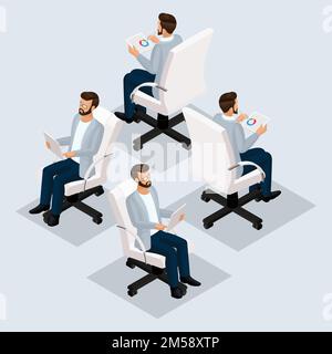 Objets isométriques tendance, table 3D avec documents, ordinateur portable, chaise, clavier, souris, la vue avant, la vue arrière, sont isolées sur un arrière-plan sombre. Vecteur Ill Illustration de Vecteur