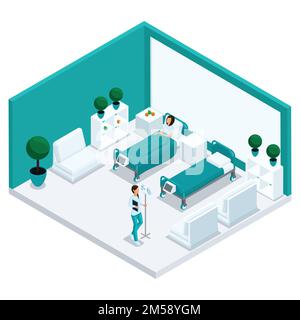 Mode personnes isométriques, une chambre d'hôpital, la chambre est une vue de face, le personnel, le personnel de l'hôpital, une infirmière, un patient dans un lit d'hôpital isolé. Illustration de Vecteur