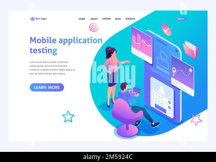 Concept isométrique les jeunes sont engagés dans le test de l'application Mobile, le travail du programme. Modèle de page d'arrivée pour le site Web. Illustration de Vecteur