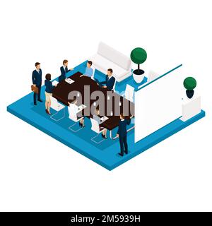 Tendance isométrique personnes, une salle, un directeur de bureau vue arrière, une grande table pour les réunions, négociations, réunions, brainstorming, hommes d'affaires en costumes moi Illustration de Vecteur