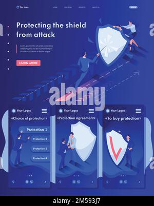 Modèle de site Web isométrique page d'accueil hommes d'affaires se cachant derrière un bouclier d'attaque. Illustration de Vecteur