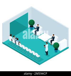 Mode personnes isométriques, couloir de l'hôpital, attendant dans le bureau d'un médecin vue arrière, les patients sont isolés à leur tour sur un fond clair. Illustration de Vecteur