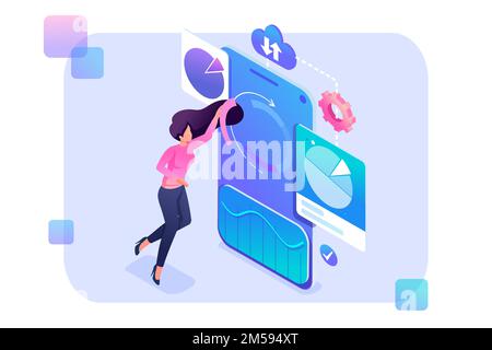 Jeune fille ajuste les graphiques et les graphiques sur votre smartphone. Concept d'analyse des données. 3d isométrique. Concept de conception Web. Illustration de Vecteur