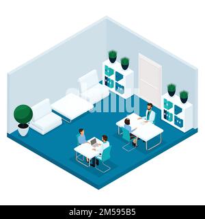 Mode personnes isométriques, une chambre d'hôpital, bureau du médecin vue arrière, le médecin reçoit les patients, le chirurgien, le patient sont isolés sur un lig Illustration de Vecteur