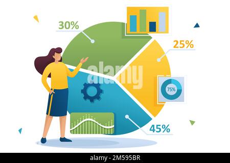 Jeune fille à côté d'un grand graphique et d'un ensemble de données analytiques pour analyser l'information. 2D caractères plats. Concept de conception Web. Illustration de Vecteur