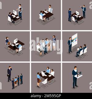 Hommes d'affaires ensemble isométrique de femmes et d'hommes dans un ensemble de 3D concept d'affaires isolé sur un fond sombre. Illustration de Vecteur