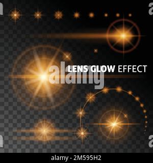 Des reflets et des rayons lumineux réalistes clignotent en blanc orange sur fond sombre. Définissez le modèle pour la conception de sites Web. illustrations vectorielles Illustration de Vecteur