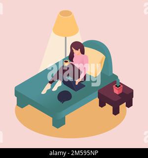 Isométrique jeune femme travaillant à la maison assis sur le lit avec ordinateur portable prenant soin d'animal de compagnie. Illustration à vecteur de couleur dans un style plat. Illustration de Vecteur