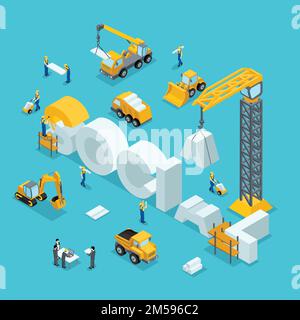 Isométrique 3D Construction d'idées d'affaires, de marque, de société. Les travailleurs dans le travail de construction. Le plan de développement de l'invention. Bâtiment Isom Illustration de Vecteur