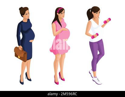 Isométrie Une fille enceinte sous différentes formes, une femme d'affaires, sur une promenade, va dans pour le sport. Jeu de caractères pour les illustrations vectorielles. Illustration de Vecteur